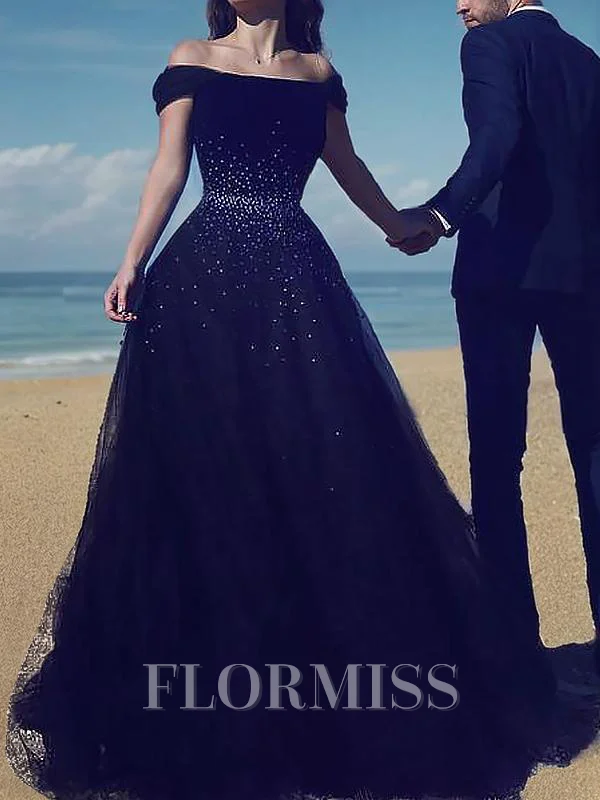 Ball Gown Off-the-Shoulder Sweep Train Tulle Prom Dresses With Beading