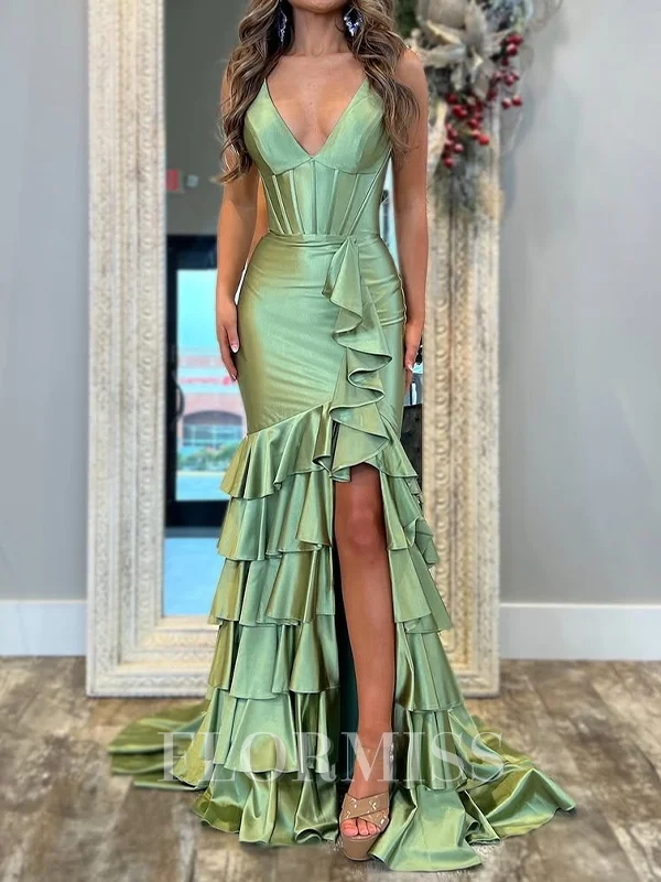 A-line/Princess Silk Like Satin V-neck Sleeveless Asymmetrical Leg Slit Dress