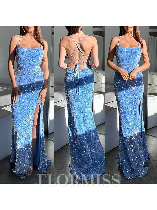 Sheath/Column Velvet Sequins Spaghetti Straps Sleeveless Sweep Train Leg Slit Dress