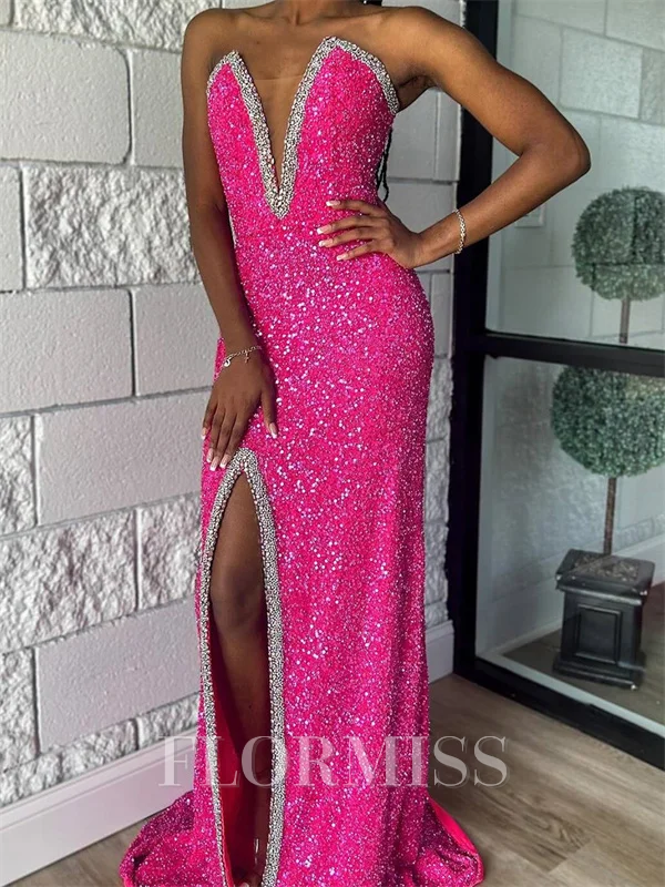 Sheath V-neck Beading Sweep Train Velvet Sequins Dress