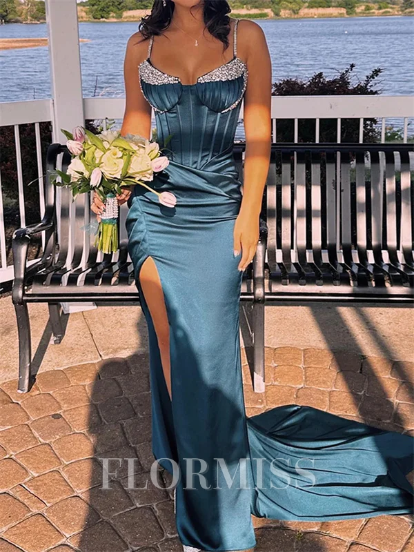 Sheath Spaghetti Straps Rhinestone Court Train Silk Like Satin Corset Dress