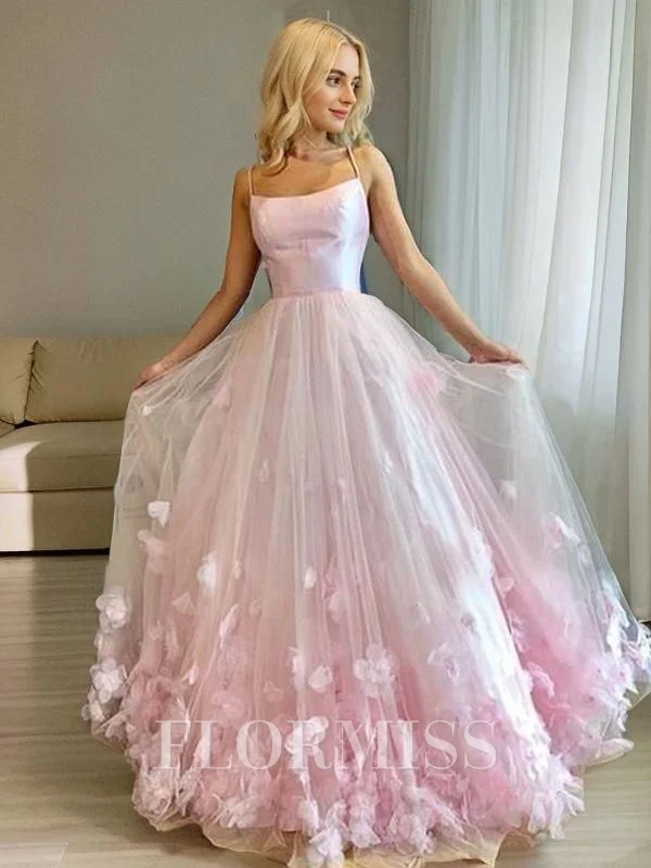 A-Line/Princess Bateau Floor-Length Tulle Prom Dresses With Flower