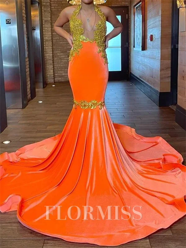 Mermaid Halter Appliques Lace Court Train Velvet Dress