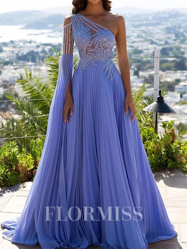 A-line One-Shoulder Long Sleeves Appliques Lace Sweep Train Chiffon Dress