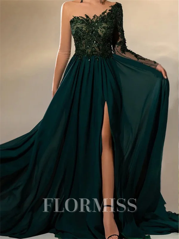 A-line Scoop Long Sleeves Appliques Lace Sweep Train Chiffon Dress