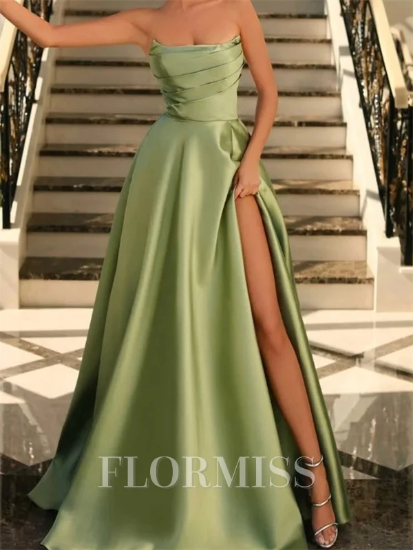 A-line Straight Pleated Floor-Length Satin Dress