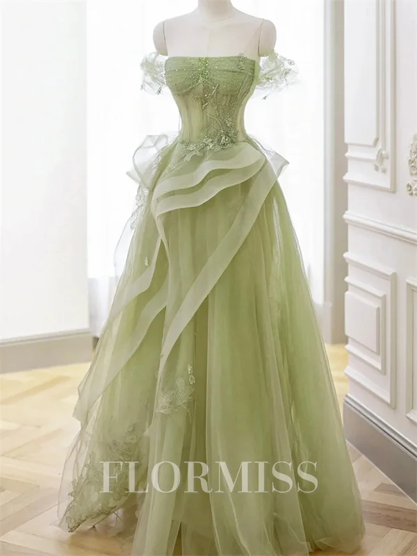 A-line Off-the-Shoulder Appliques Lace Floor-Length Tulle Corset Dress