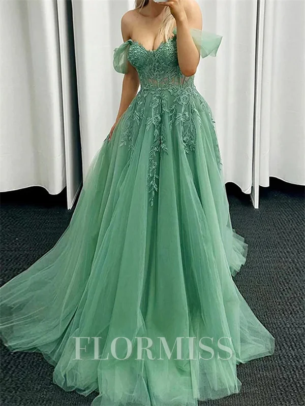 A-line Off-the-Shoulder Appliques Lace Court Train Tulle Corset Dress