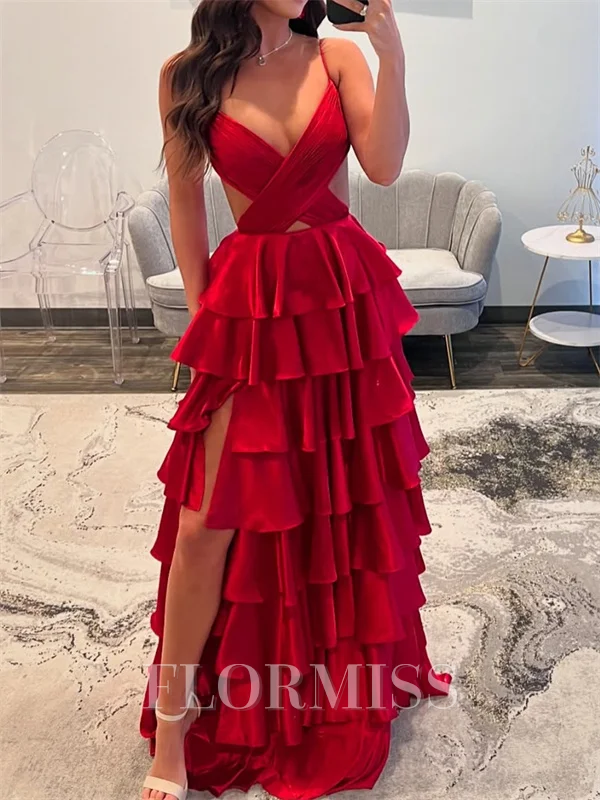 A-line Spaghetti Straps Cascading Ruffles Sweep Train Silk Like Satin Dress