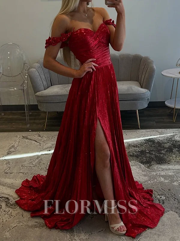 A-line Off-the-Shoulder Pleated Sweep Train Dress