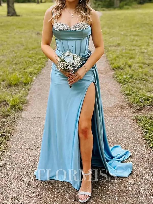 Sheath Spaghetti Straps Rhinestone Sweep Train Silk Like Satin Corset Dress