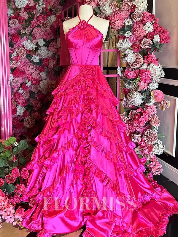 A-line Halter Cascading Ruffles Sweep Train Metallic Satin Corset Dress