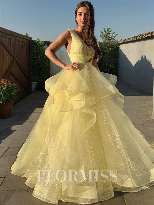 Ball Gown V-neck Floor-Length Tulle Prom Dresses With Pleated