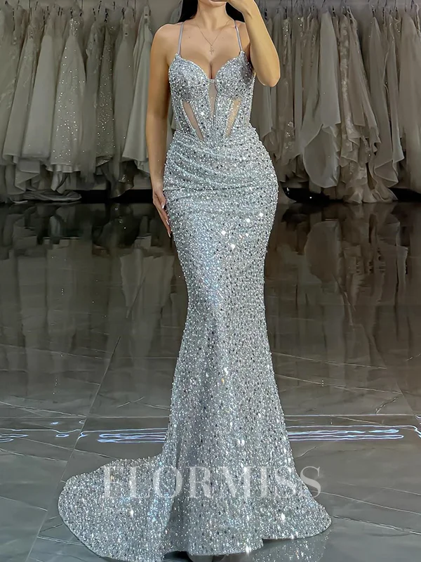 Sheath Spaghetti Straps Sequin Court Train Corset Dress