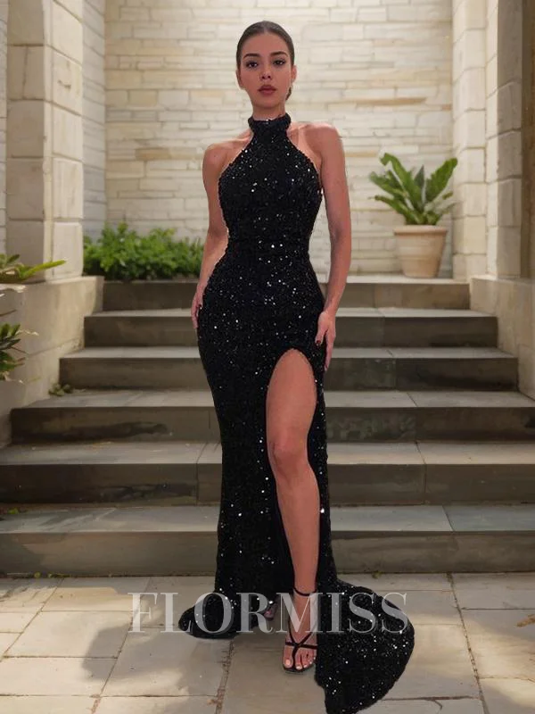 Sheath/Column Halter Sweep Train Velvet Sequins Prom Dresses With Leg Slit