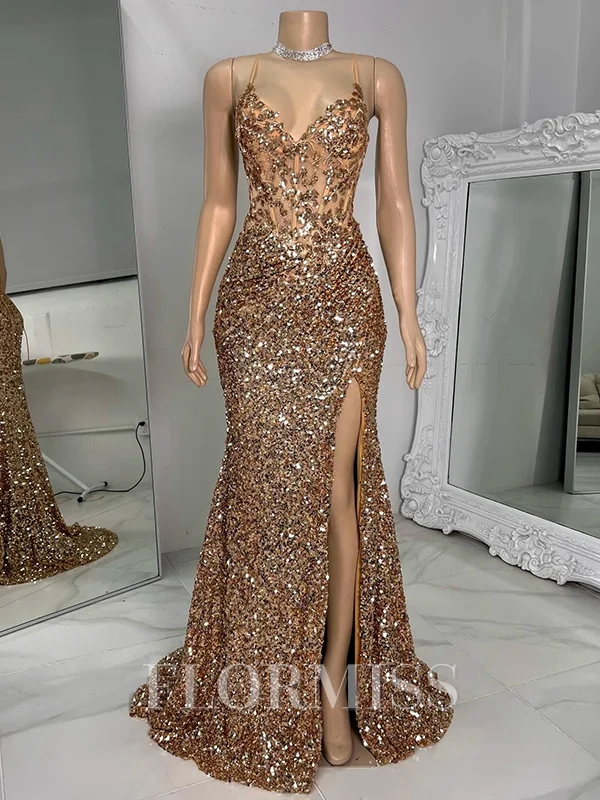 Sheath V-neck Sequin Sweep Train Corset Dress