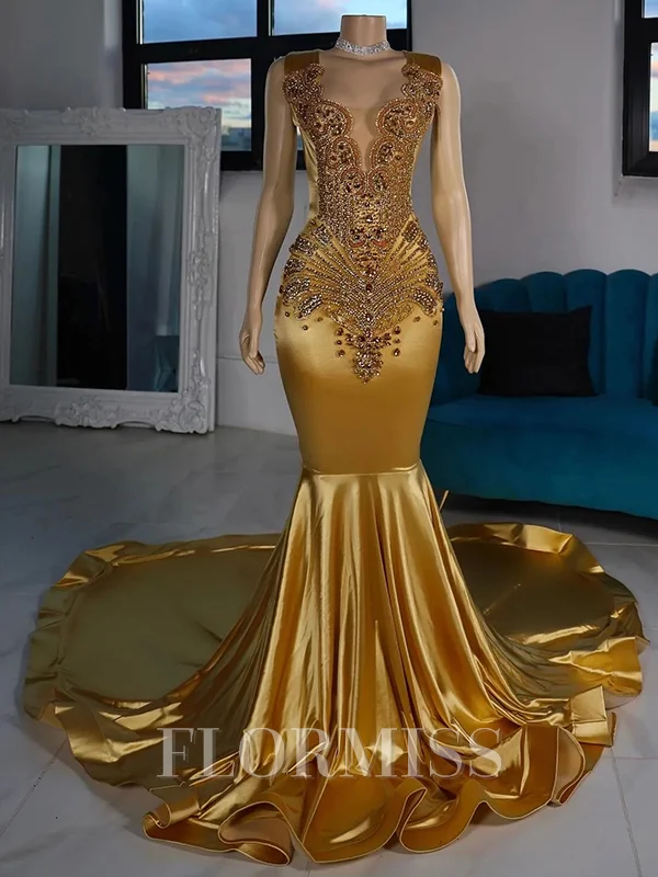 Mermaid Scoop Rhinestone Chapel Train Metallic Satin Dress