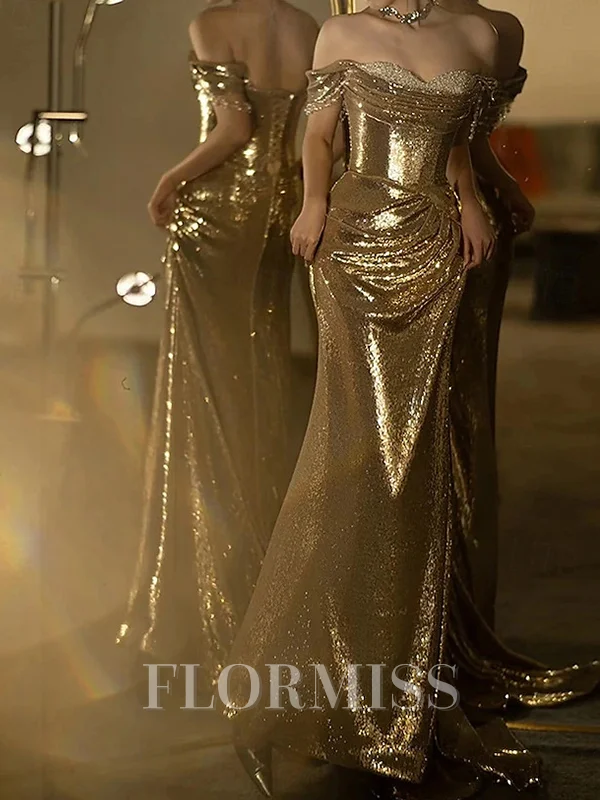 Sheath Off-the-Shoulder Pleated Court Train Sequins Dress