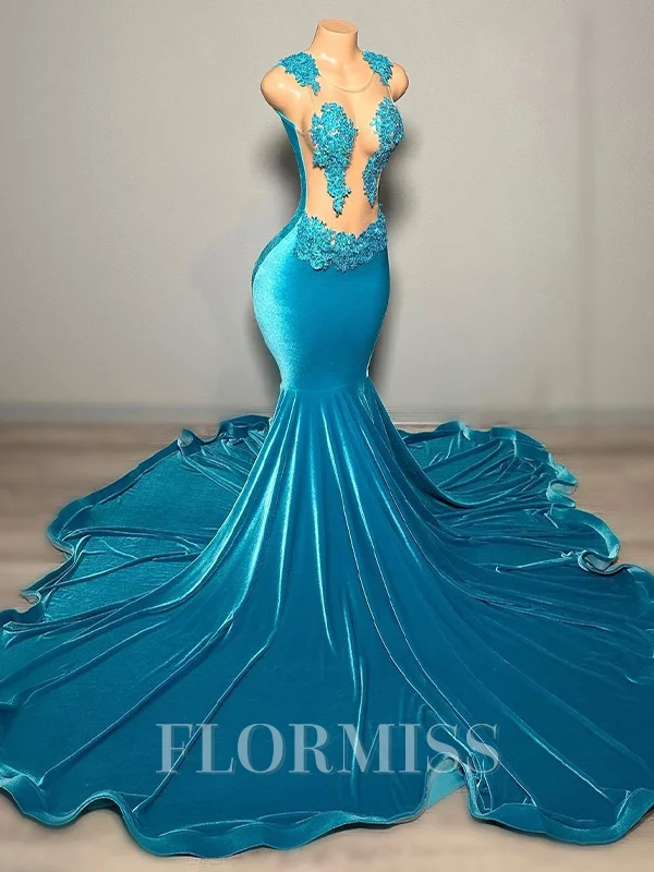 Mermaid Scoop Appliques Lace Sweep Train Velvet Dress