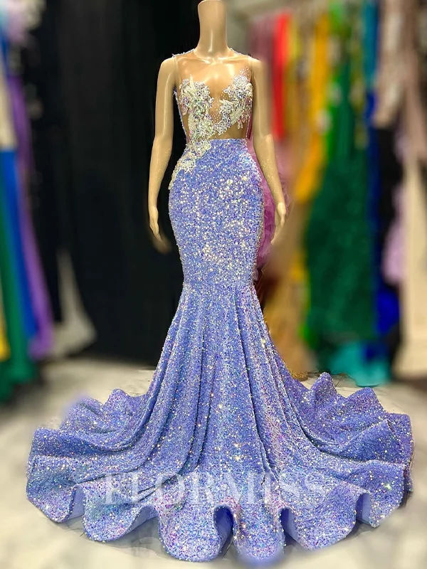 Mermaid Scoop Beading Sweep Train Velvet Sequins Dress