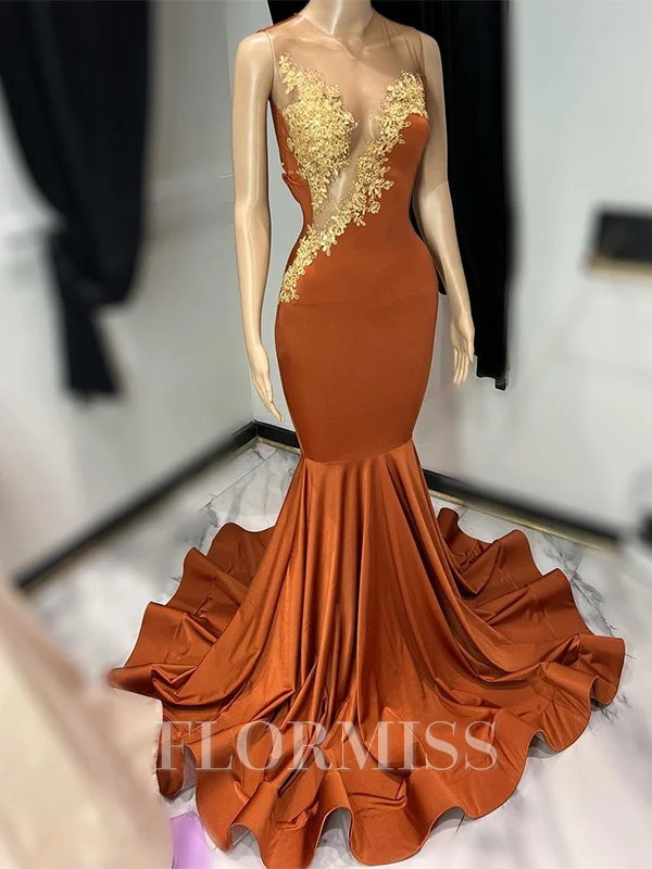 Mermaid Scoop Appliques Lace Sweep Train Jersey Dress