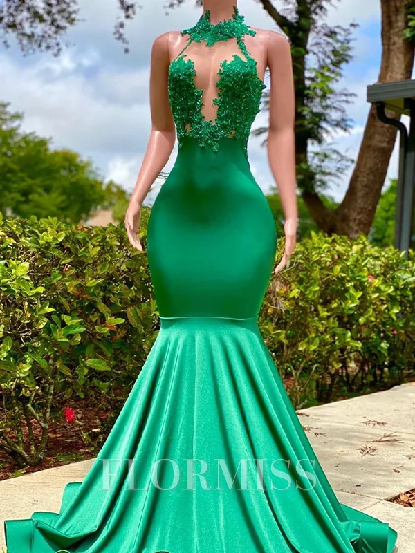 Mermaid Halter Appliques Lace Floor-Length Jersey Dress