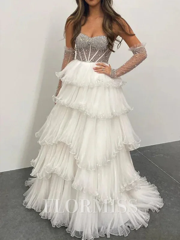 A-line Organza Straight Sleeveless Sweep Train Prom Dresses