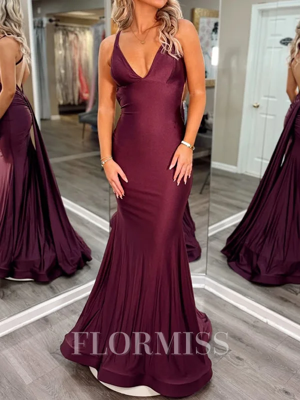 Trumpet Jersey V-neck Sleeveless Sweep Train Prom Dresses