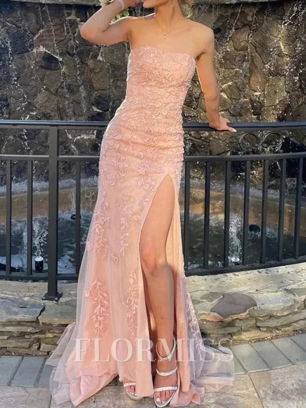 Sheath Tulle Straight Sleeveless Court Train Prom Dresses