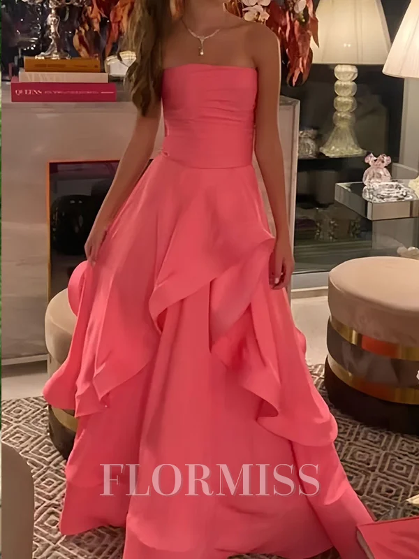 A-line Silk like Satin Straight Sleeveless Floor-Length Prom Dresses