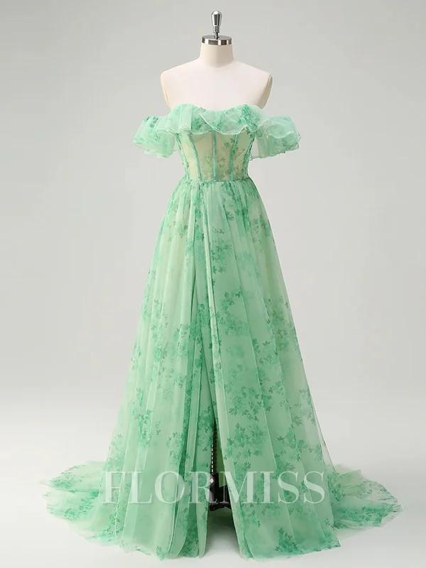 A-line Other Off the Shoulder Sleeveless Court Train Prom Dresses