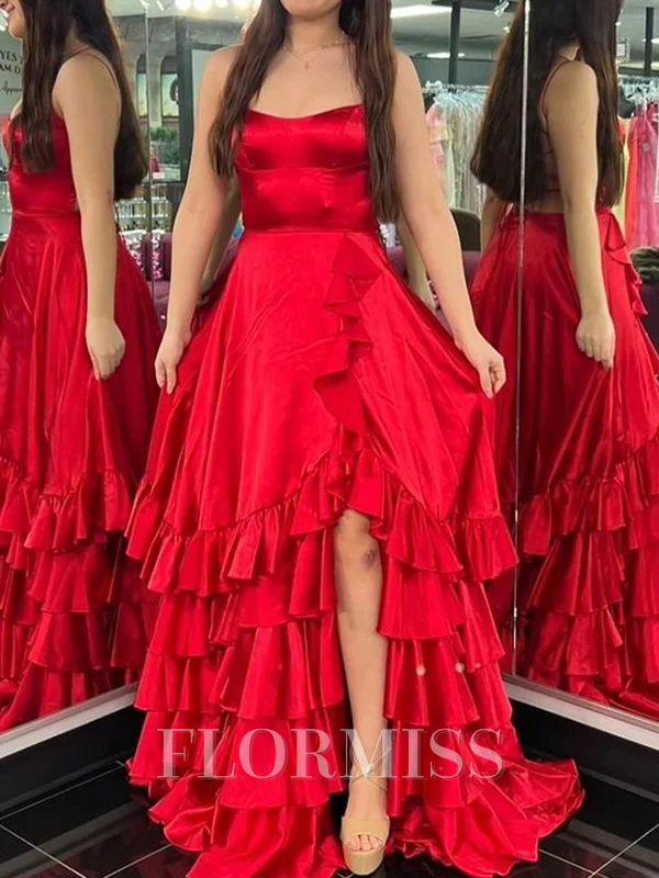 A-line Silk Like Satin Spaghetti Straps Sleeveless Court Train Prom Dresses