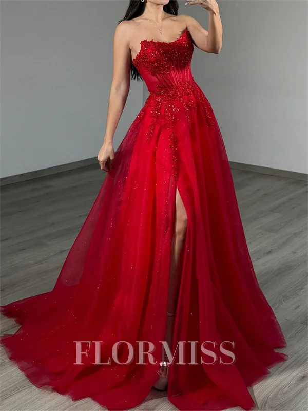 A-line Straight Appliques Lace Sweep Train Tulle Corset Prom Dress