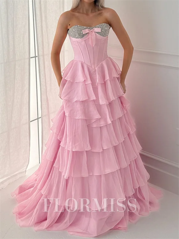 A-line Sweetheart Cascading Ruffles Sweep Train Chiffon Corset Prom Dress