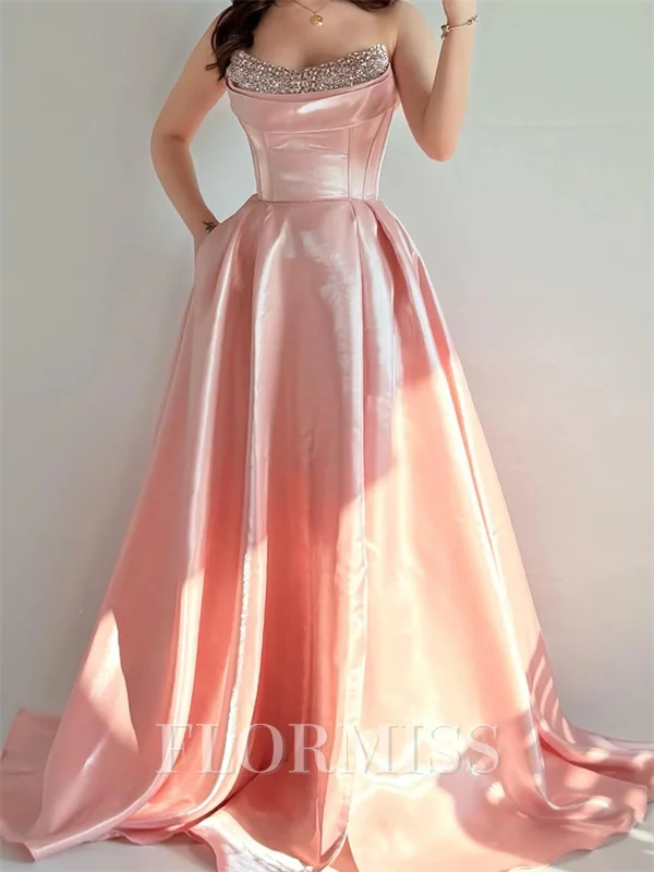 A-line Straight Rhinestone Sweep Train Corset Prom Dress