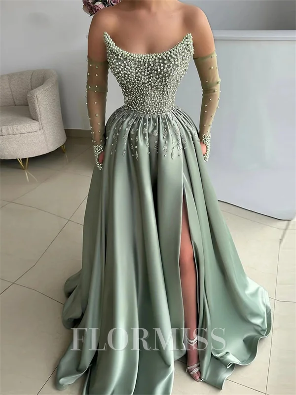 A-line Straight Long Sleeves Beading Floor-Length Silk Like Satin Corset Prom Dress