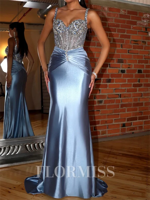 Sheath Straps Rhinestone Sweep Train Silk Like Satin Corset Prom Dress