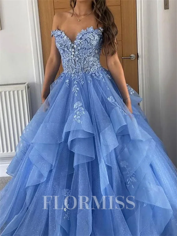 Ball-Gown Off-the-Shoulder Appliques Lace Floor-Length Tulle Corset Prom Dress