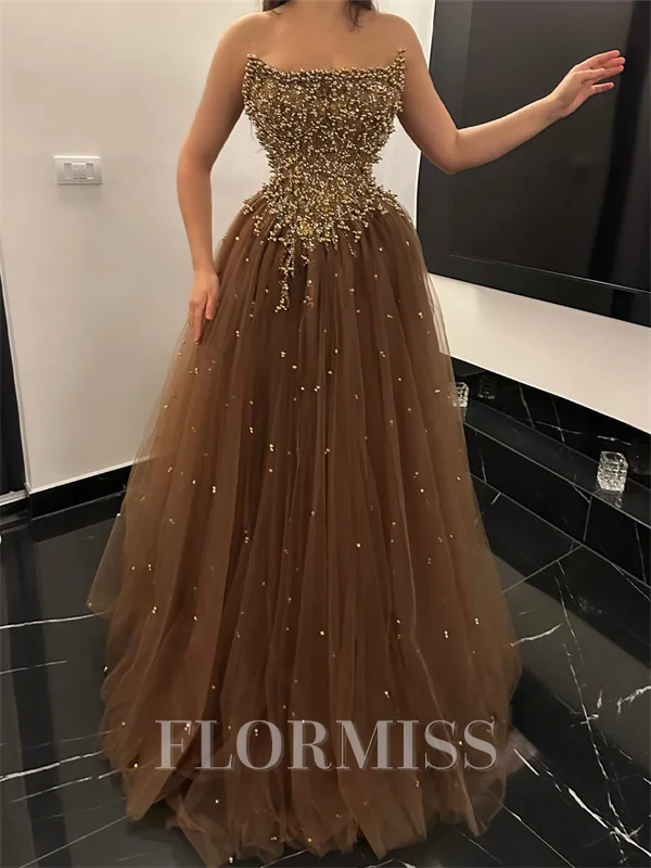 A-line Straight Beading Floor-Length Tulle Corset Prom Dress