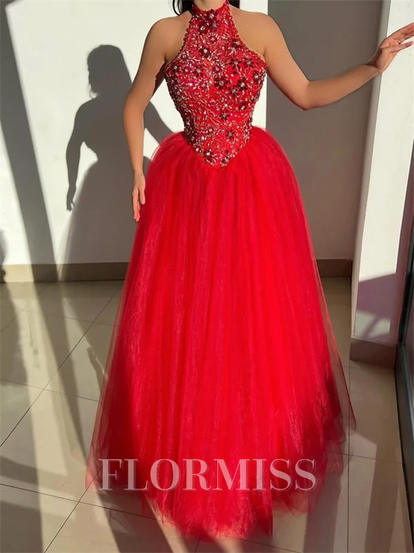 A-line Halter Beading Floor-Length Tulle Corset Prom Dress