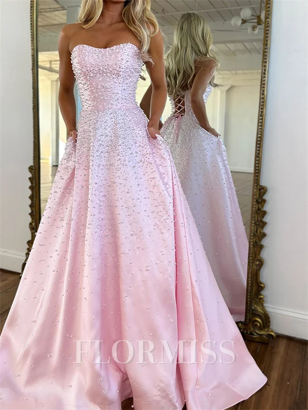 A-line Straight Beading Floor-Length Satin Corset Prom Dress