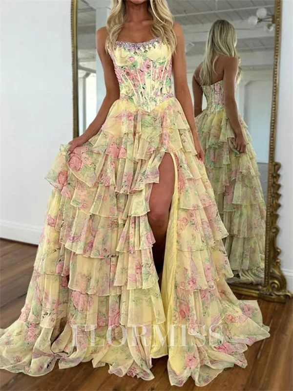 A-line Straight Cascading Ruffles Sweep Train Corset Prom Dress