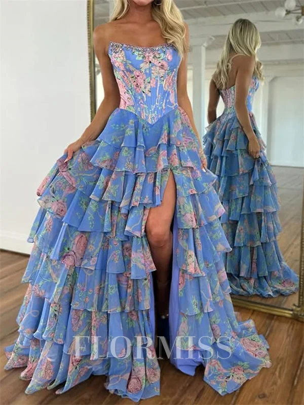 A-line Straight Cascading Ruffles Sweep Train Corset Prom Dress
