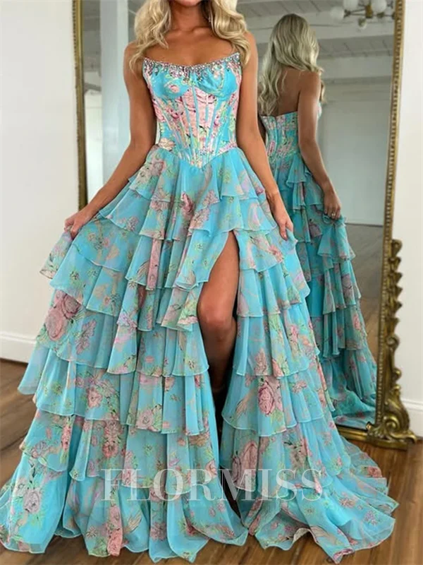 A-line Straight Cascading Ruffles Sweep Train Corset Prom Dress