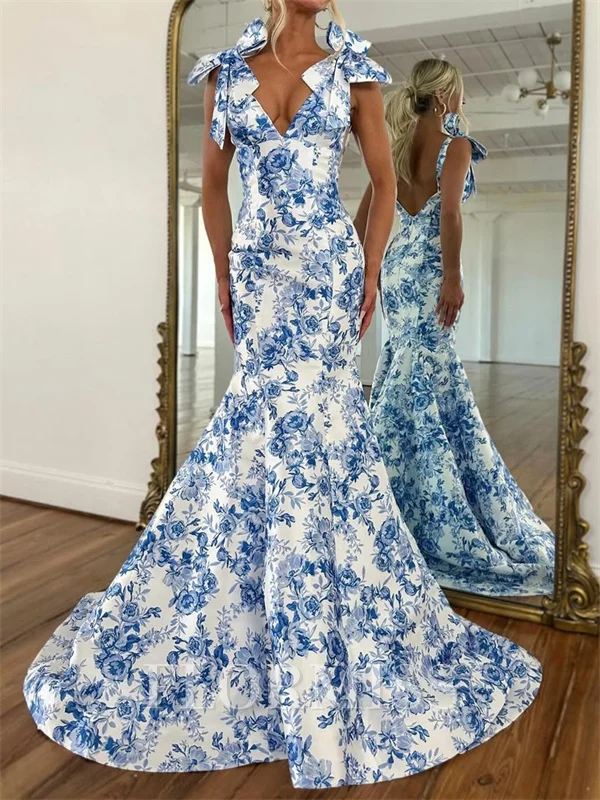 Mermaid V-neck Bow Sweep Train Prom Dress