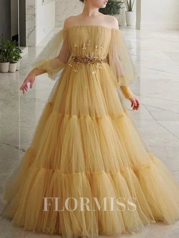 A-Line/Princess Off-the-Shoulder Floor-Length Tulle Prom Dresses With Beading