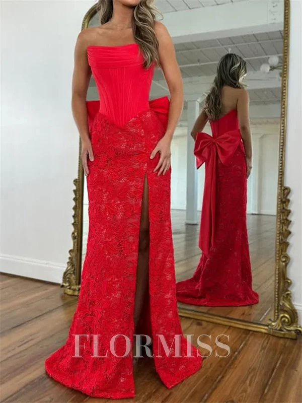 Sheath Straight Bow Sweep Train Satin Corset Prom Dress