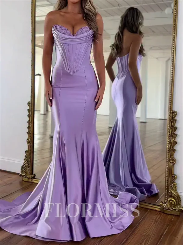 Mermaid Sweetheart Appliques Lace Court Train Silk Like Satin Corset Prom Dress
