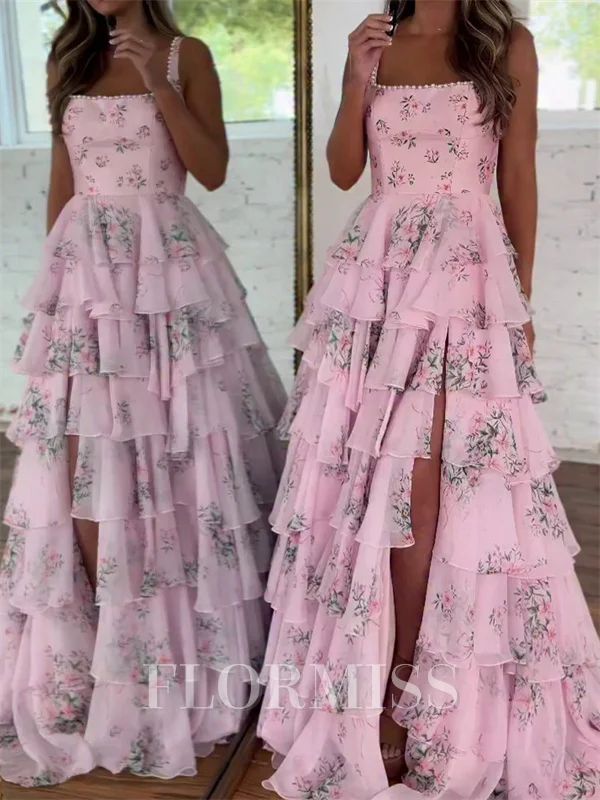 A-line Square Cascading Ruffles Sweep Train Corset Prom Dress