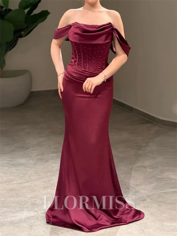 Sheath Off-the-Shoulder Pleated Sweep Train Silk Like Satin Corset Prom Dress